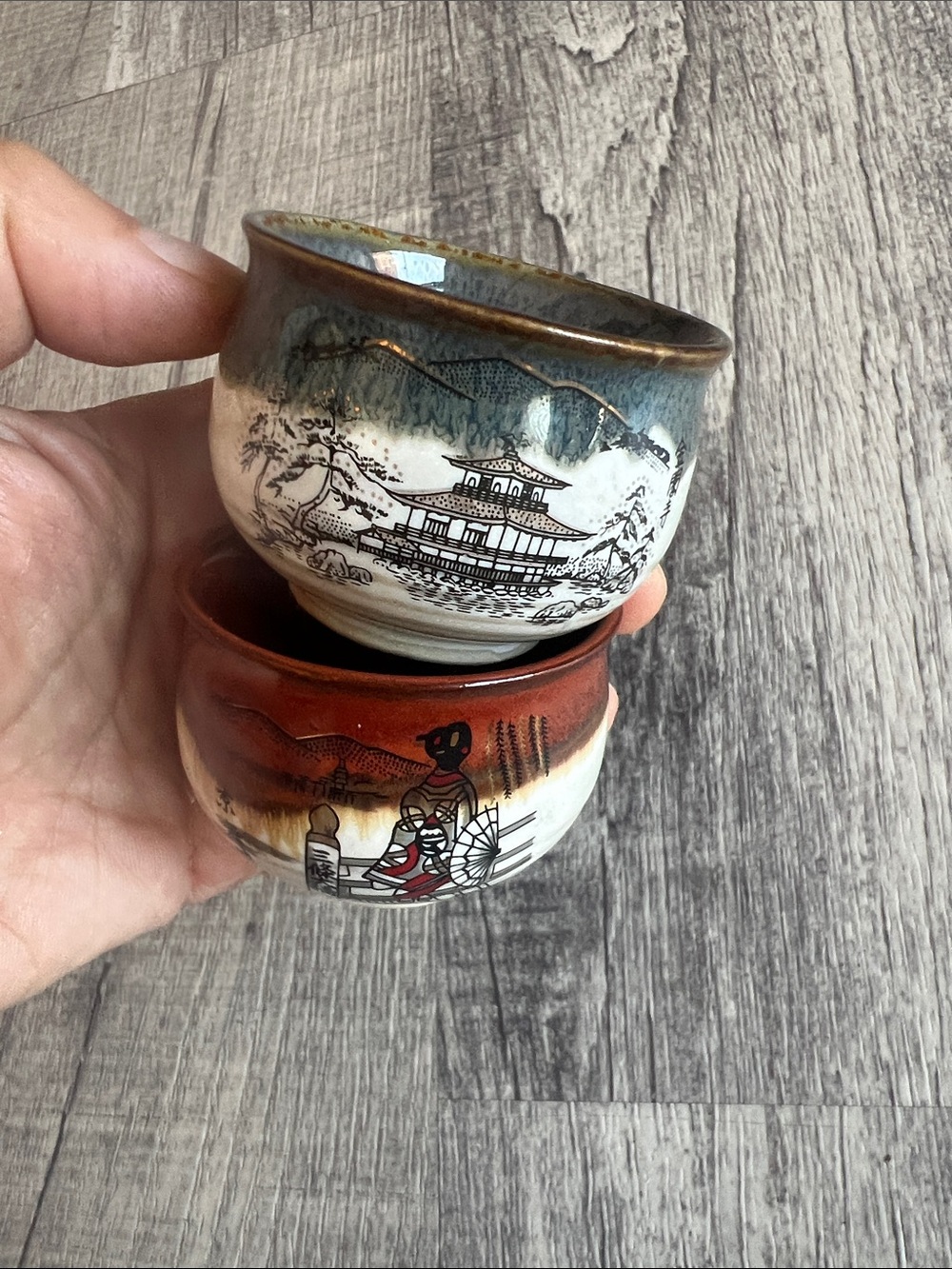 Vintage Japanese Kyo Ware Sake Cups Pair Keizan Kiln Kyoto Geisha Kinkakuji Sign